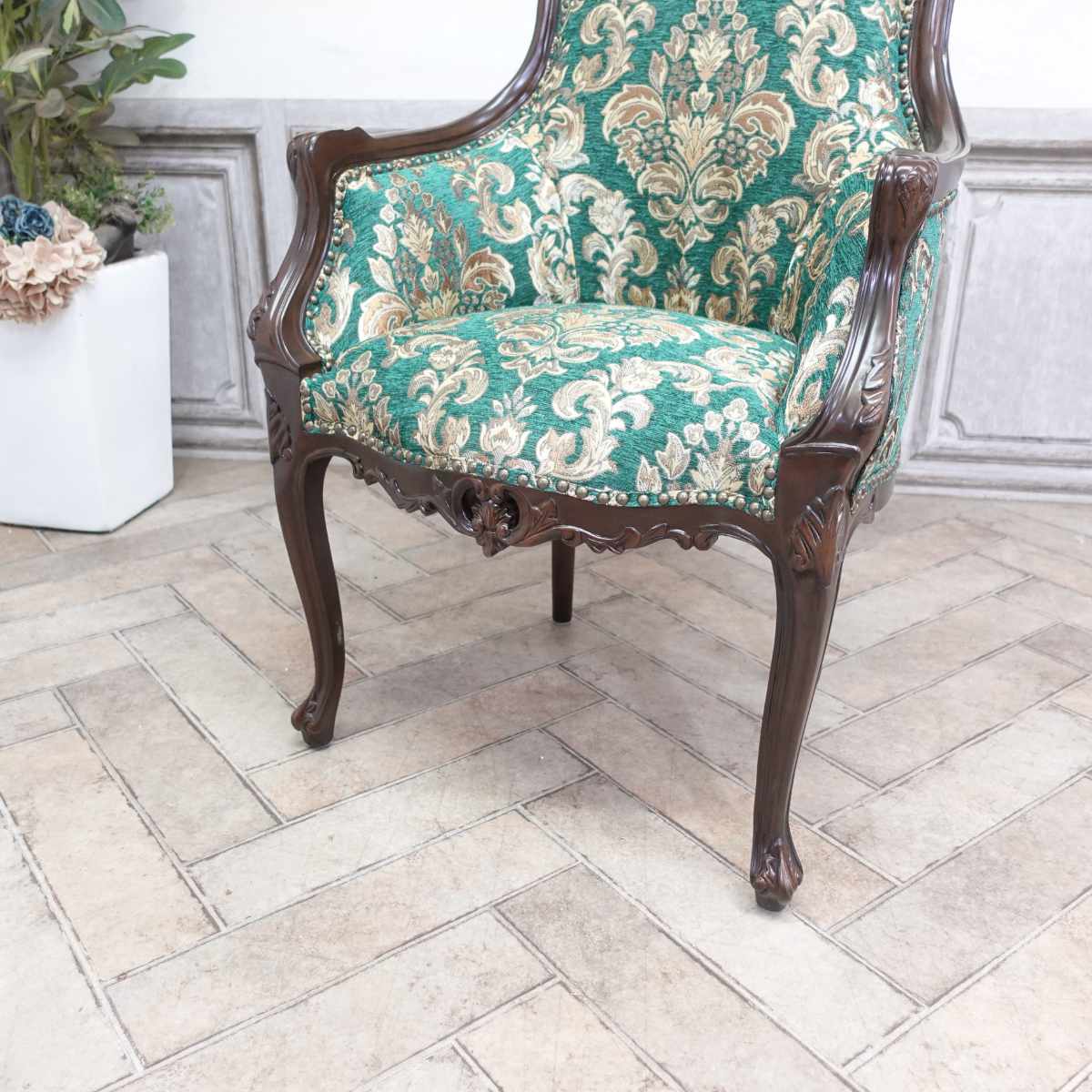 輸入家具 ダイニングチェア 肘付き 一人掛け ソファー アンティーク ソファ ロココ調家具 ロココ エレガント プリンセス ロマンティック 姫 家具 姫系 ヴィンテージ レトロ ビンテージ カフェ 書斎 ヨーロピアン ファブリック ダマスク 花柄 金華山 グリーン 緑 6093-n-5f102 [2]