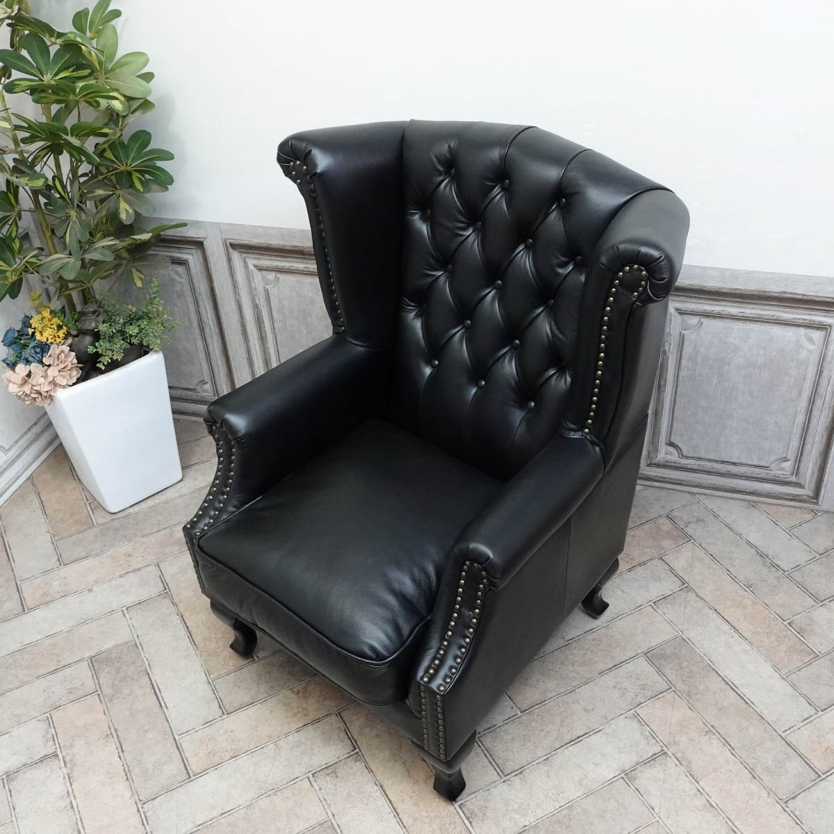 輸入家具 ソファ レザー アンティーク ソファー チェスターフィールド ソファ ハイバック 一人掛け 1人用 シングルソファー ウィングチェア ウィングバック イギリス 英国 おしゃれ オックスフォード ヴィンテージ レトロ 総革張り 本革 本皮 レザー ブラック 黒 sa-340