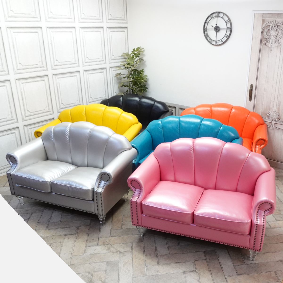 輸入家具 姫系 ソファー 二人掛け ソファ 2人用 シェルファ ダブルソファー 猫足 猫脚 貝殻 シェル おしゃれ かわいい ヨーロッパ デザイナーズ 店舗什器 美容室 エステサロン クリアアクリルシンデレラフット 合皮 PU フェイクレザー マスタードイエロー 黄色 vs2p69cf [3]