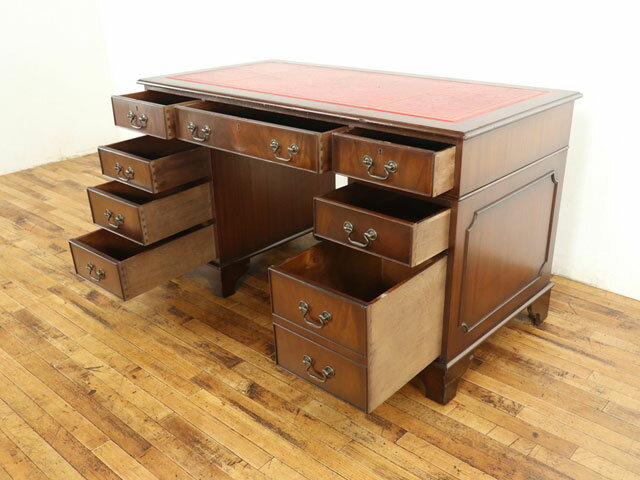 両袖デスク 赤い天板レザーが印象的 引出しが多く収納力も魅力 机 収納 イギリスの王道デザイン アンティークフレックス 59414 [3]
