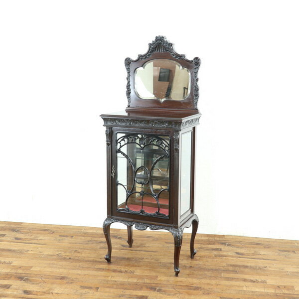 乐天商城 - アンティーク ミュージックキャビネット 洗練された美しいデザイン ミラー付き 緻密な彫刻が華やか 収納兼ディスプレイ棚 英国家具 80612