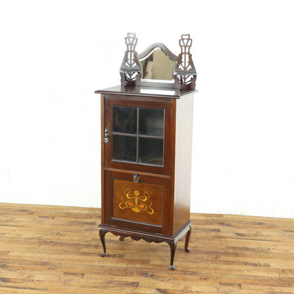 乐天商城 - アンティーク ミュージックキャビネット 美しい杢目 インレイが魅力的 個性的なデザイン ミラー付き 英国 アンティークフレックス 80701