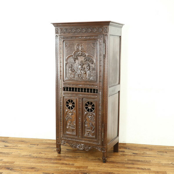 アンティーク　キャビネット　絵画のような美しい彫刻　ブルターニュ　収納棚　飾り棚　フランス　アン..