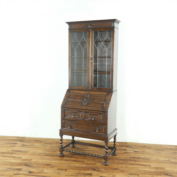 アンティーク 家具 ブックビューロー やや深めのお色 ステンドグラス ツイストレッグも魅力 ライティングデスク 机 イギリス家具 80383