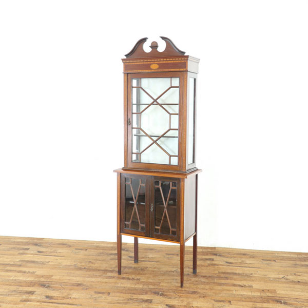 乐天商城 - アンティーク クロス張替済ショーケース 細身で背が高め 横幅66.5cm 高さ200cm 緻密なインレイが素敵 エドワーディアン様式 英国 80489