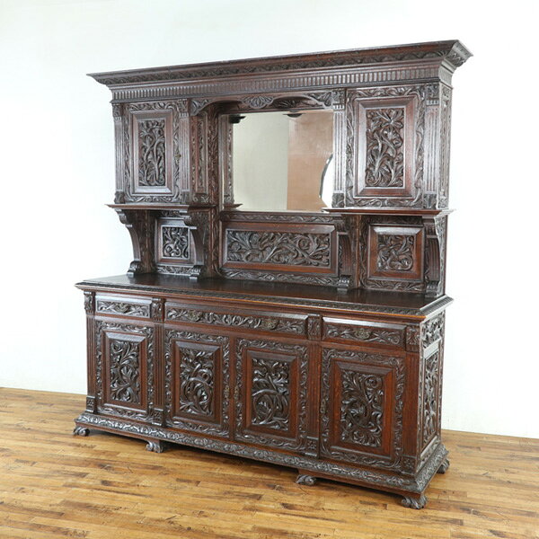 アンティーク ミラーバックキャビネット ダークカラーの重厚感 立体的で緻密な装飾 抜群の存在感 イギリス アンティークフレックス 80600