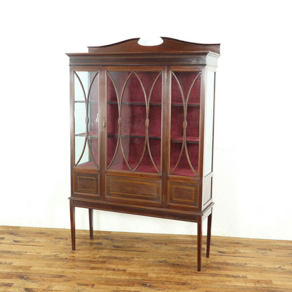 幅121×奥41×高183.5cm キャビネット ガラス扉 インレイも魅力 上品なデザイン 収納兼ディスプレイ棚 イギリスアンティーク家具 59371