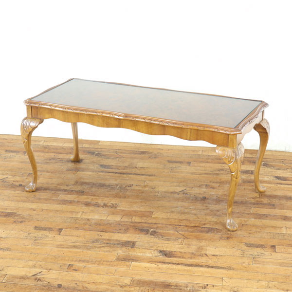 コーヒーテーブル ウォールナット材の杢目を生かした天板 ガラス天板 脚付け根部分のデザインが素敵 英国 アンティークフレックス 80741