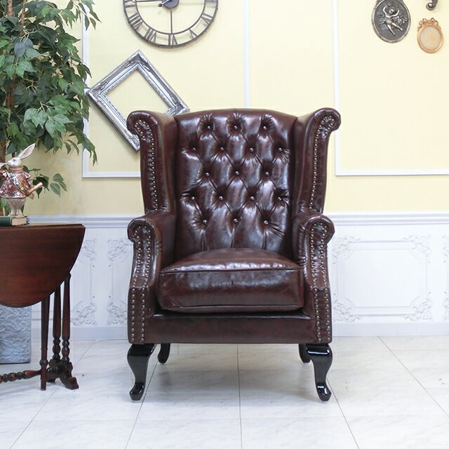 輸入家具 ビンテージ ソファ ヴィンテージ ソファー ヴィンセント 1人掛け 一人用 ハイバック ウィングバックチェア レトロ アンティーク ヨーロッパ デザイナーズ おしゃれ 書斎 店舗什器 美容室 サロン アンティーク風 家具 フェイクレザー 合皮 ブラウン 茶 sa925b1-p38k [2]