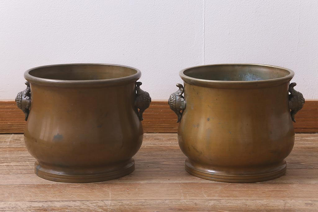 和製アンティーク 真鍮火鉢 一対 手あぶり 金属火鉢 和風 和モダン ラフジュ工房 送料無料 r-042677 2