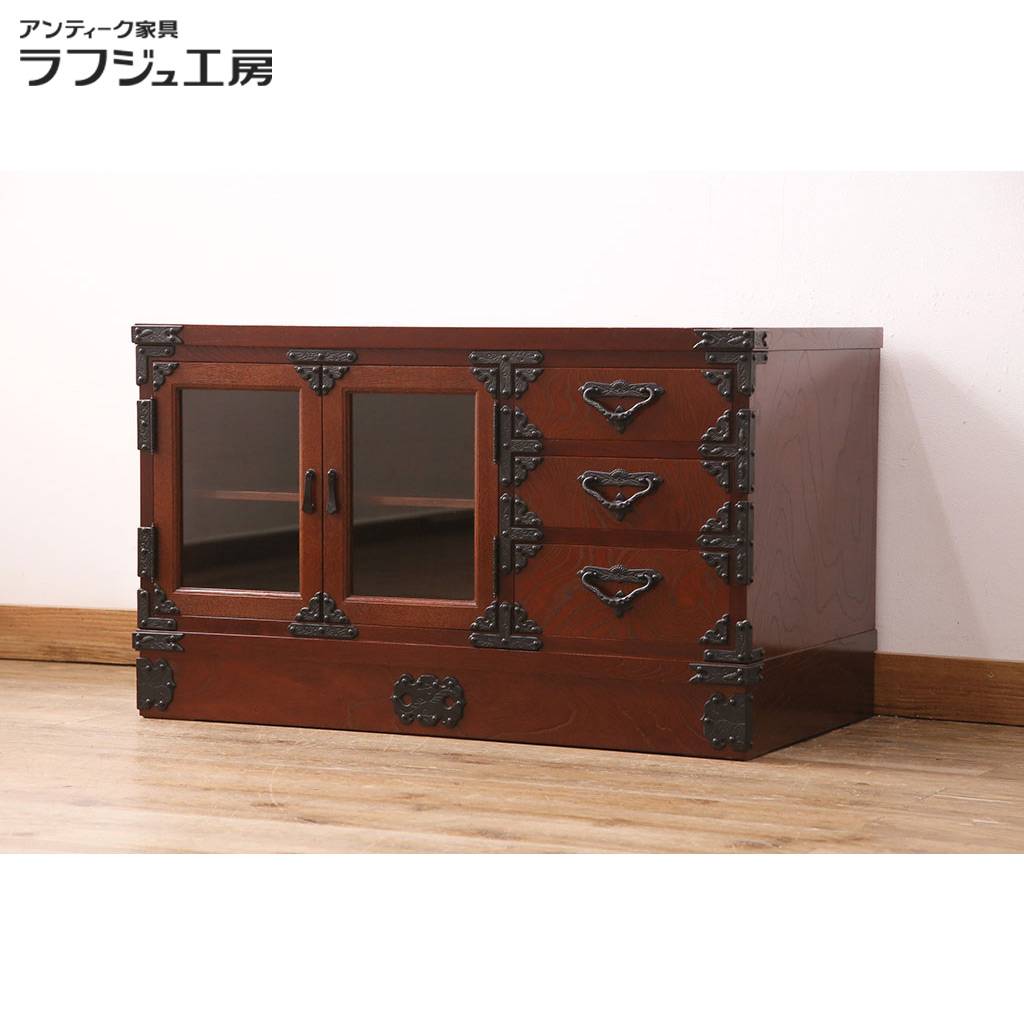 【中古】 美品 テレビ台 遠野民芸家具 ケヤキ材 南部鉄器金具 テレビボード ローボード リビングボード 和風 和モダン 民芸家具 リビング 収納 和室 店舗 ラフジュ工房 送料無料 r-049865