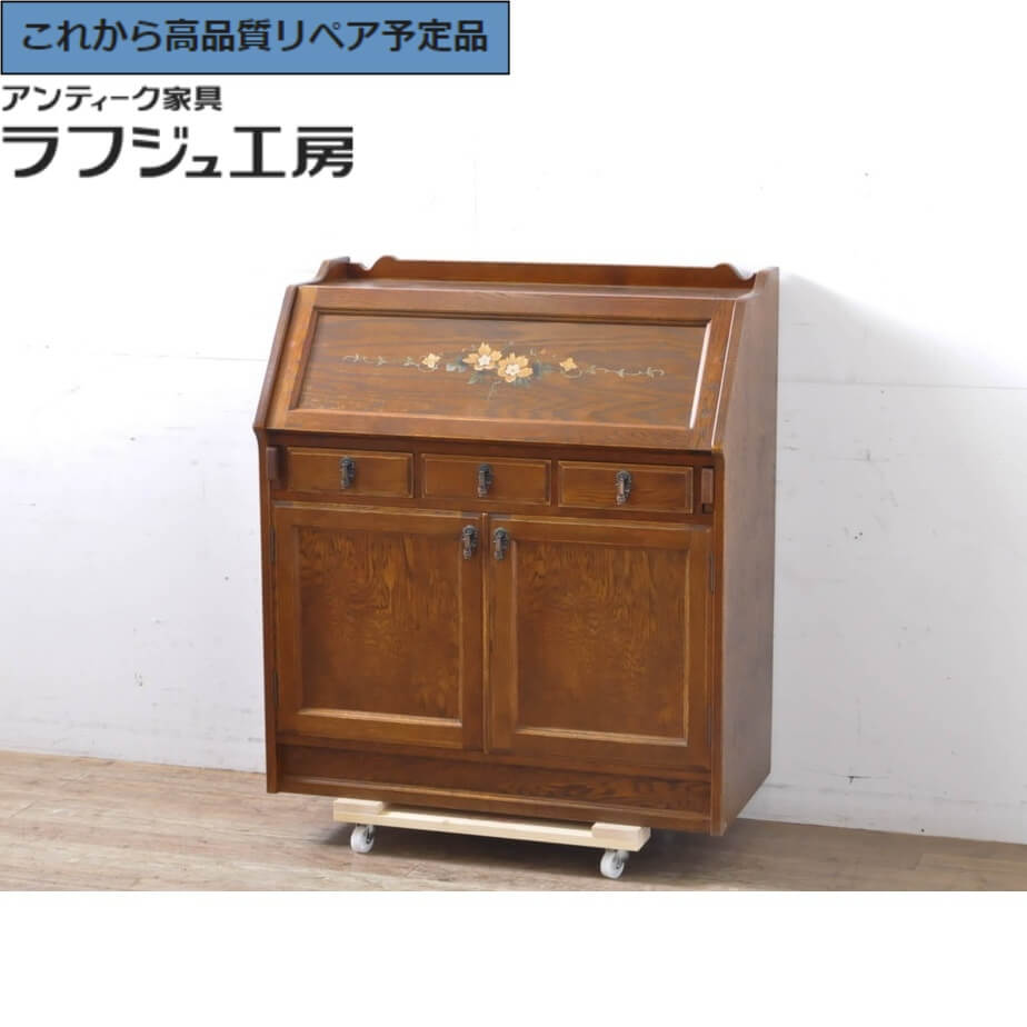 【中古】 美品 ★事前問合せ必須★ 象嵌 ライティングビューロー 高級品 三越デパート オーク材 カントリーハウス Brugge ブルージュ 簿記机 ワークデスク 在宅用、在宅ワーク用 カントリー クラシカル リビング 寝室 書斎 店舗 カフェ ラフジュ工房 送料無料 r-066646