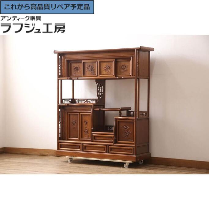 【中古】★事前問合せ必須★ 美品 飾り棚 国産 手造り 指物工芸家具 松竹梅 牡丹 総ケヤキ材 茶棚 収納棚..