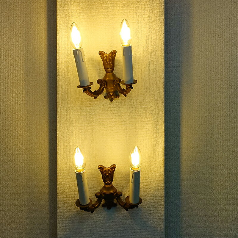 送料無料 ウォールランプ2灯ペア ベルギー 壁取り付け用燭台 1930年 フランス 原産本体 真鍮製 PSE表示..