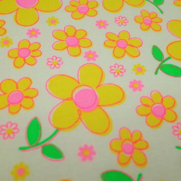 fleur イエロー 50cmカット済 カラフル かわいい レトロ ハンドメイド パッチワーク 日本製 コットン 生地 蛍光 綿100 国産 手芸 エコバッグ 手作り 花柄 フラワー ゆめかわ黄色 プリント生地 蛍光ピンク