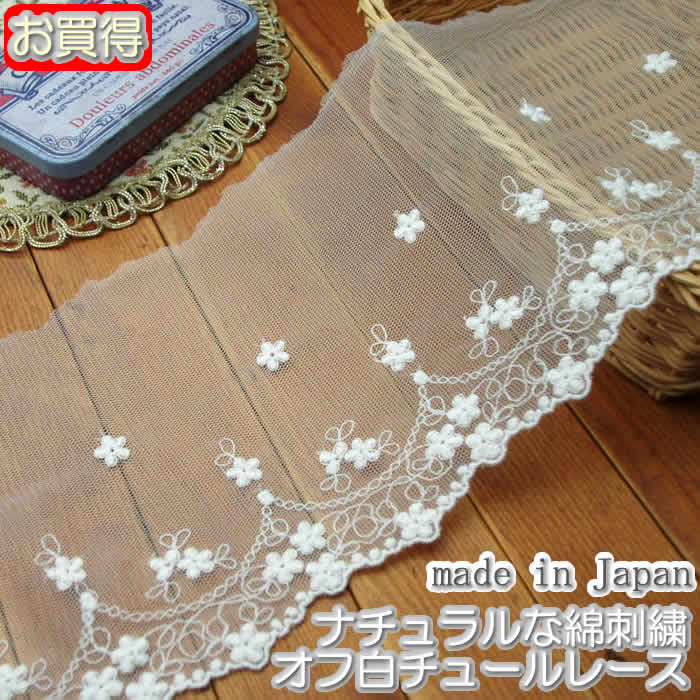 【お買得】12cm幅オフ白のチュールレース(1m)《 手芸用レース 》
