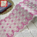 【お買得】14cm幅オフ白×ピンクパープルのラッセルストレッチレース(1m)《 手芸用レース 》