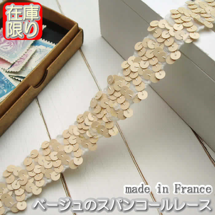 【在庫限り】2cm幅スパンコールのベージュレース(1m)《 手芸用レース 》