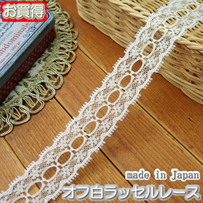 【在庫処分】2.5cm幅オフ白のリボン通しラッセルレース(1m)《 手芸用レース 》