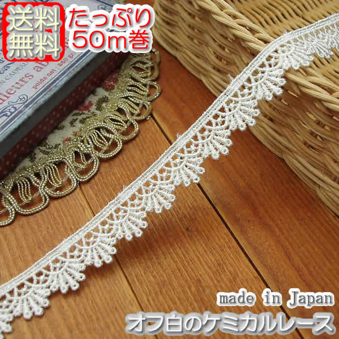 【送料無料】業務用1.5cm幅オフ白のケミカルレース(50m)