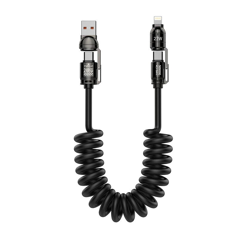対応端子：USB‑A/Type‑C to Type‑C/Lightning最大出力:240w素材：TPEスプリングケーブル、亜鉛合金コネクタカラー（赤枠）：ブラック長さ：2m機能：伸縮スプリング、CarPlay対応、4in1多端子1本でiPhoneAndroid両方に対応。スプリング式で車内配線がすっきり。CarPlayに対応しカーライフに欠かせない充電ケーブルです。