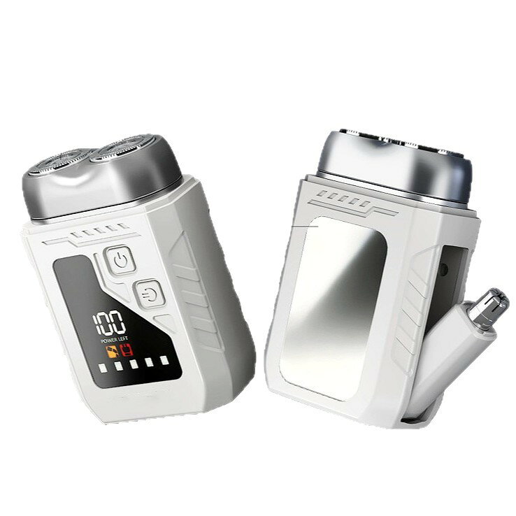 - 本体材質：ABS 樹脂- 本体サイズ：約 60×43×66mm- 重量：約 124g- 機能：髭剃り 2 枚刃＋鼻毛カッターアタッチメント- 電源：Type‑C 充電、LED 残量インジケータ- 水洗い対応- オプション：専用収納袋付きバージョンあり髭剃りと鼻毛ケアが一台でできる 2in1 ミニシェーバー。付属の専用袋を選べば持ち運びがさらに便利。出張や小旅行の荷物を減らしたい方におすすめです。