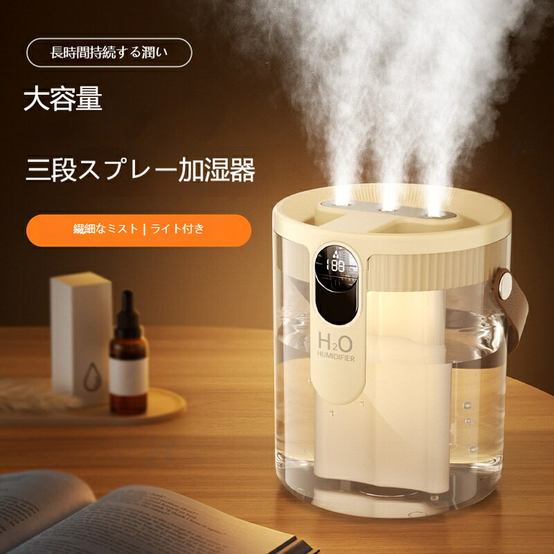 素材：ABS。電源：USB充電兼用（充電式バッテリー内蔵）。機能：3噴口、調光可能ナイトライト。3つの噴出口から大量ミストを放出する卓上加湿器。充電式なのでコンセントから離れた場所でも自由に設置可能。柔らかいナイトライト搭載で夜間のインテリアとしても。細かいナノミストで空気をしっかり保湿、乾燥対策に最適。オフィスデスク、寝室、子供部屋、旅行先にも適しています。