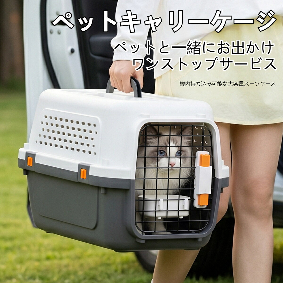 ペットキャリーケージ 航空機持込対応 猫・小型犬用ハードケージ 大容量 持ち運びハンドル付き 通気穴多め 専用給水皿付属 車移動・旅行・通院ペット用品