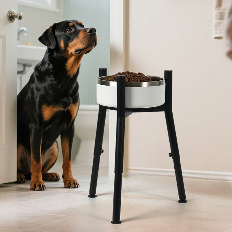 高さを調整できる大型犬向けの食器台です。食べやすい高さに合わせることで、首や腰への負担を和らげ、快適な姿勢で食事ができます。台座は安定しており、食事中にずれたり倒れたりしにくい設計。お皿は取り外して丸洗い可能、汚れを簡単に落とせて衛生的にご使用いただけます。成長期の愛犬はもちろん、シニアの大型犬にもおすすめですす。