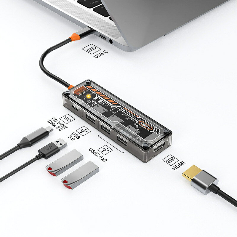 6in1 ドッキングステーション Type-C 透明ボディ 充電 USB3.0 SD TF カードリーダー搭載 ノート PC スマホ対応 在宅勤務 デスク周り便利グッズ