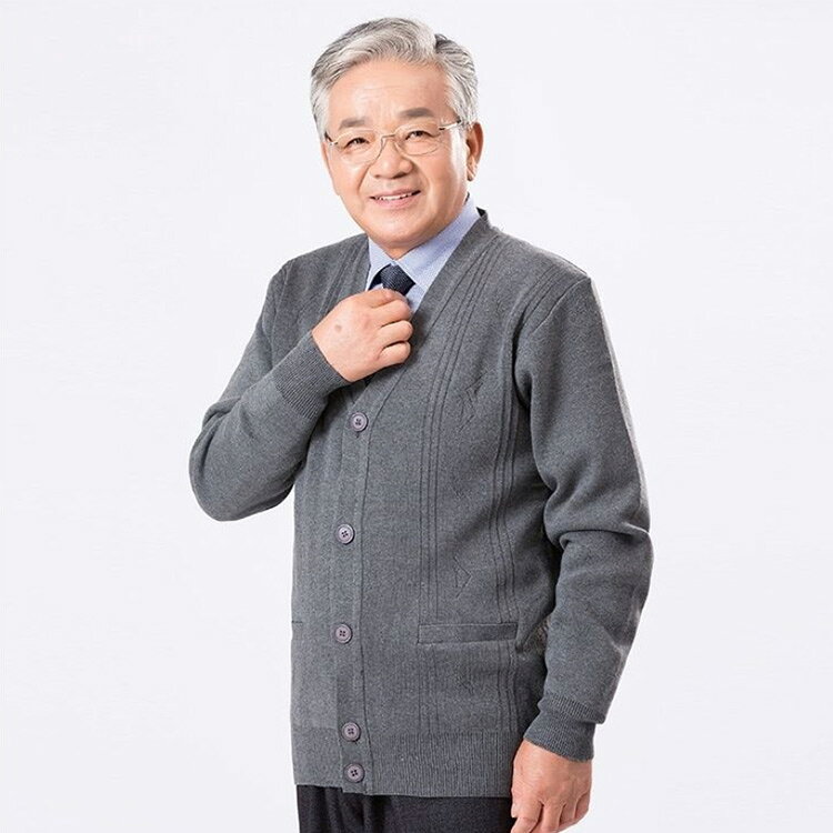 【送料無料】シニア ビジネス ニットカーディガン メンズ vネック 薄手 長袖 春 秋冬 前開き 綿 コットン 無地 シンプル 大きいサイズ ボタン アウター 防寒 ポケット付き 父の日 お誕生日 グレー 40代 50代 60代 70代 anuenue-k-10000044 アヌエヌエ サンプル画像3