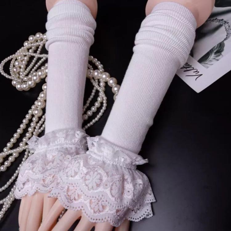 付け袖 レディース ニット アームカバー 二重フリル 保温 ニット アームウォーマー 腕カバー 重ね着 レイヤード レース かわいい 黒 白 ショート丈 ロング丈