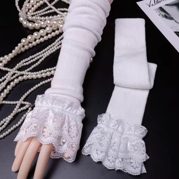付け袖 レディース ニット アームカバー 二重フリル 保温 ニット アームウォーマー 腕カバー 重ね着 レイヤード レース かわいい 黒 白 ショート丈 ロング丈