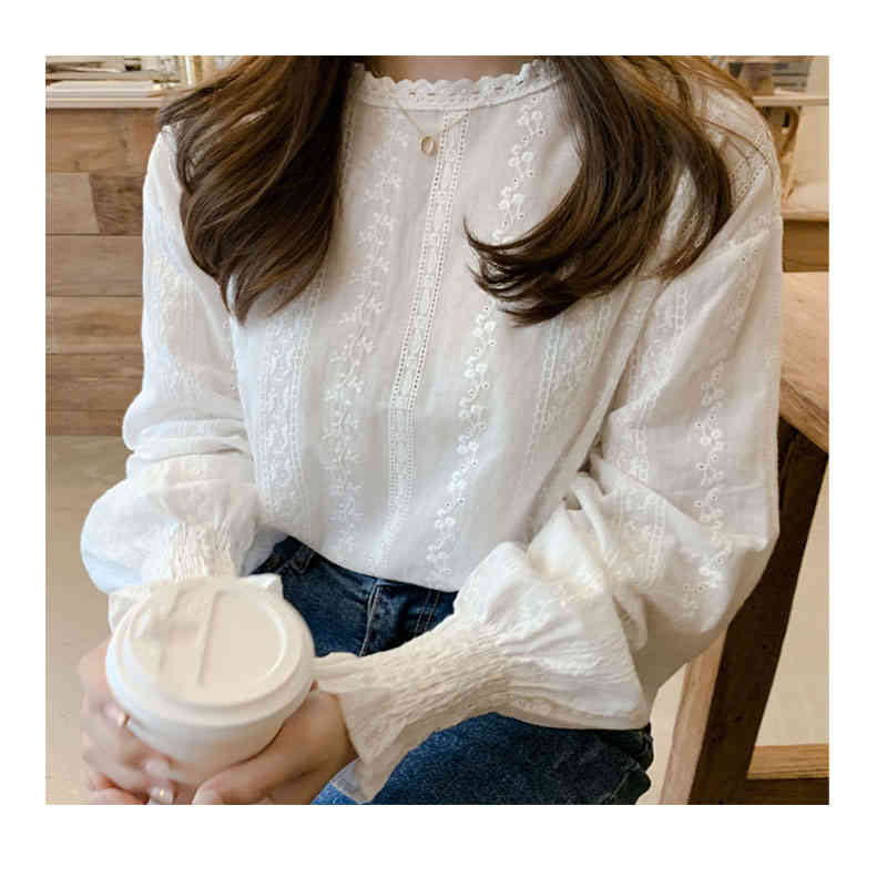 ブラウス 長袖 レース レディース ボリュームスリーブ ボリューム袖 ラウンドネック バルーンスリーブ トップス 可愛い 春夏