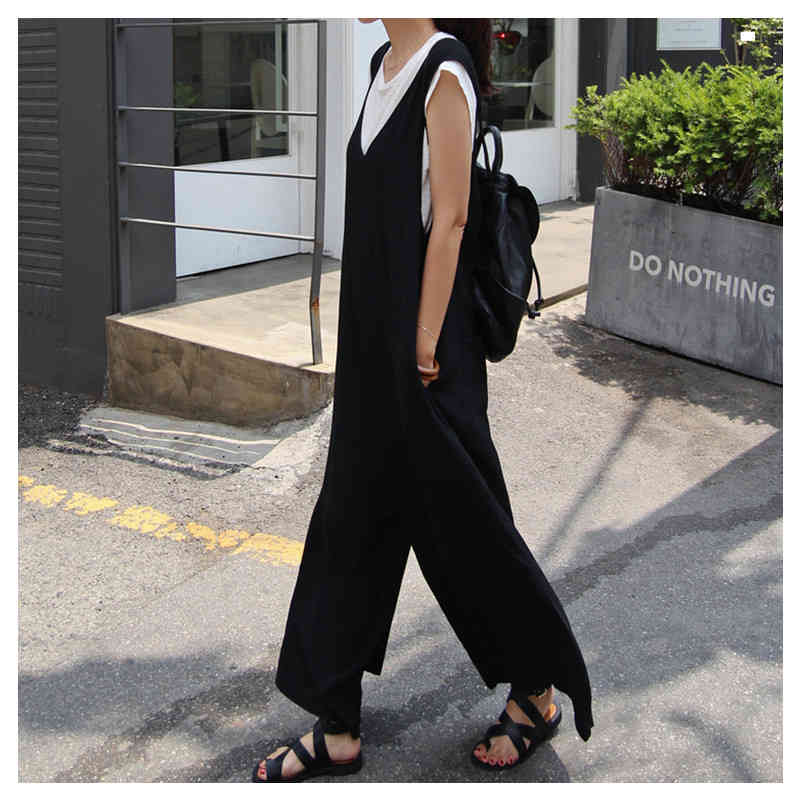 サロペット オーバーオール レディース オールインワン ストラップ ポケット付き ボトムス 無地 ビッグシルエット ゆったり 体型カバー ブラック 春夏秋
