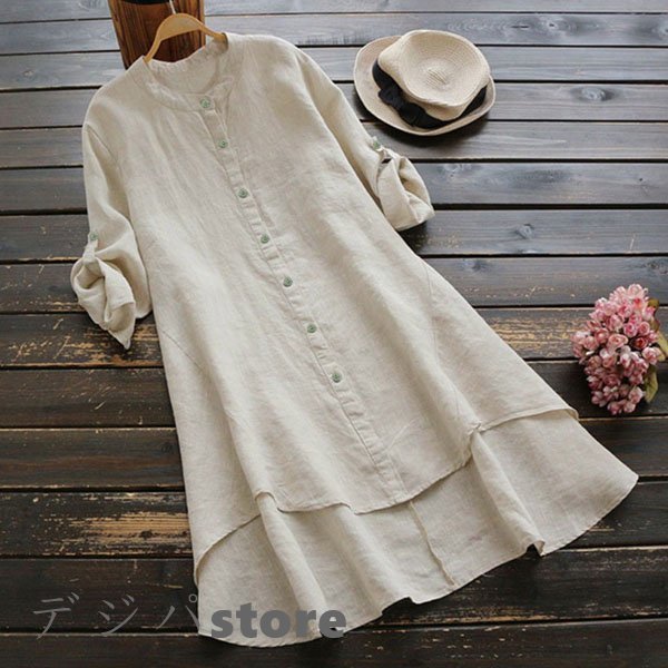 Dresses - 綿麻混ワンピース ロングシャツ 40代 チュニック 夏 トップス ゆったり 綿麻混ワンピース 春 シャツワンピース 長袖 リネンシャツ