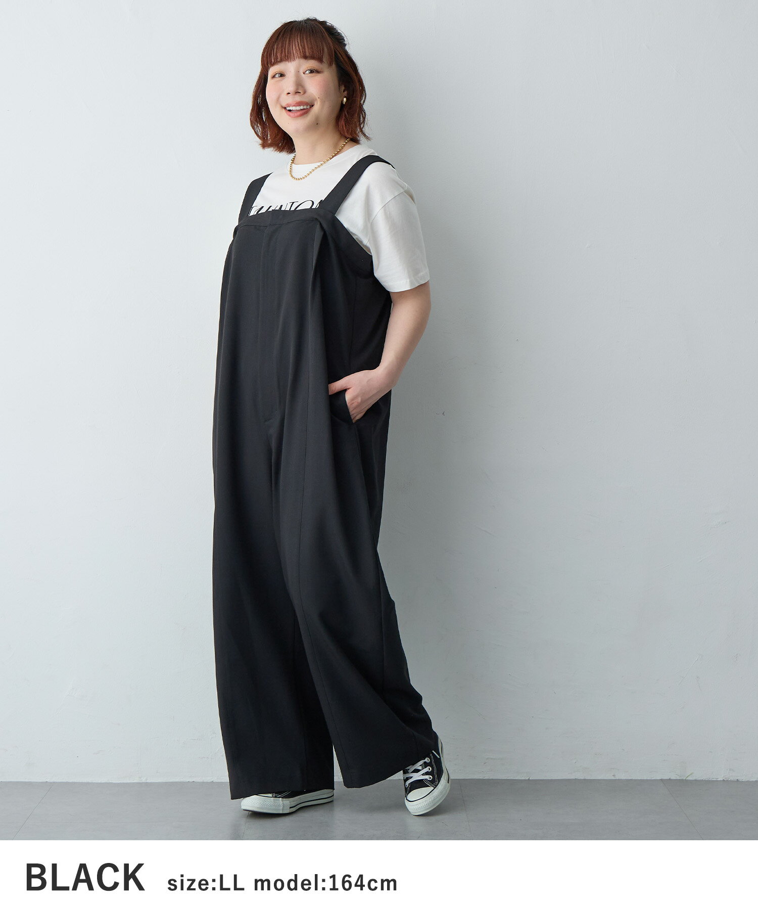 タック入りワイドサロペット 低身長向けサイズ 接触冷感 ストレッチあり anyfee エニフィー 大きいサイズ プラスサイズ レディース LL 3L 4L 5L ぽっちゃり ゆったり 体型カバー - Image 3