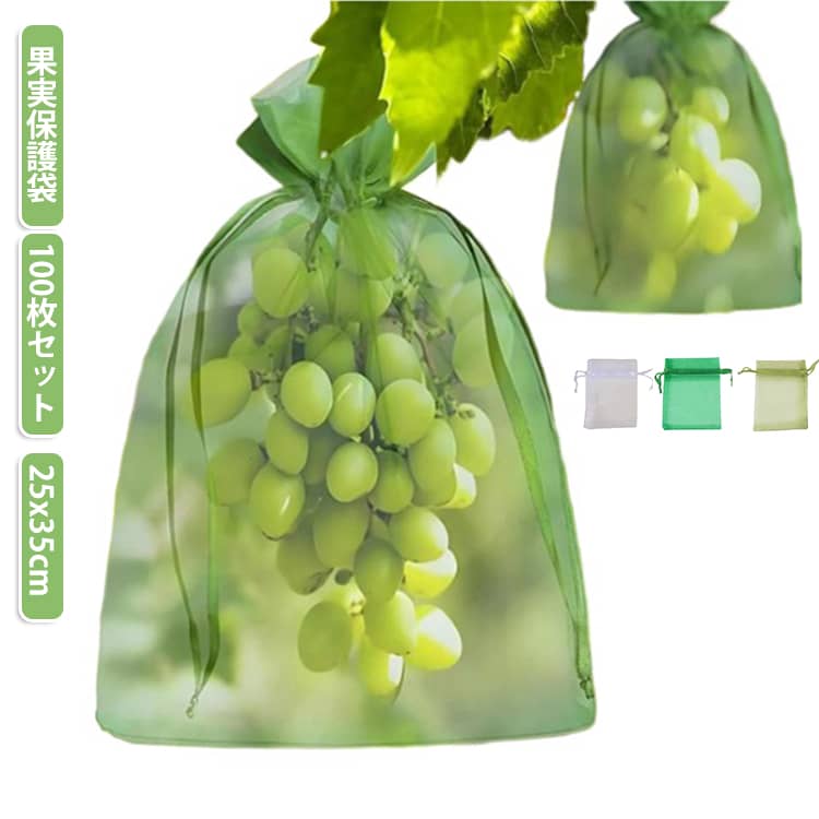 巾着結び 果物保護ネット 果物 100枚 通気性 25x35cm 防虫ネット 巨峰 緑 メッシュバッグ 果実保護袋 果物保護バッグ 果物袋 大きめ 果実保護 ネット 穴極細 害虫鳥避け ぶどう 100枚 防鳥 家庭菜園用 防虫 光通過 メッシュネット 農業用 栽培用