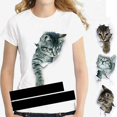 可愛い 3D 猫 Tシャツ 半袖 男女兼用可愛い 3D 男女兼用 白 レディー...