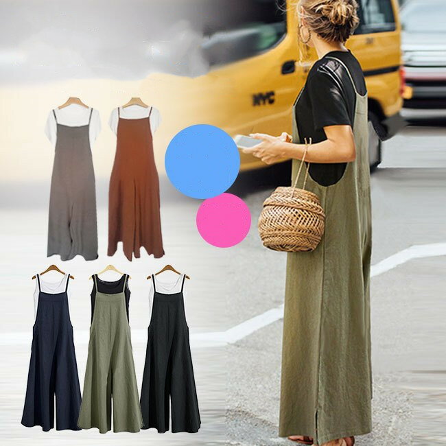 ガウチョ スリット サロペット スカンツ 無地 ワイドパンツ オールインワン 綿のサムネイル