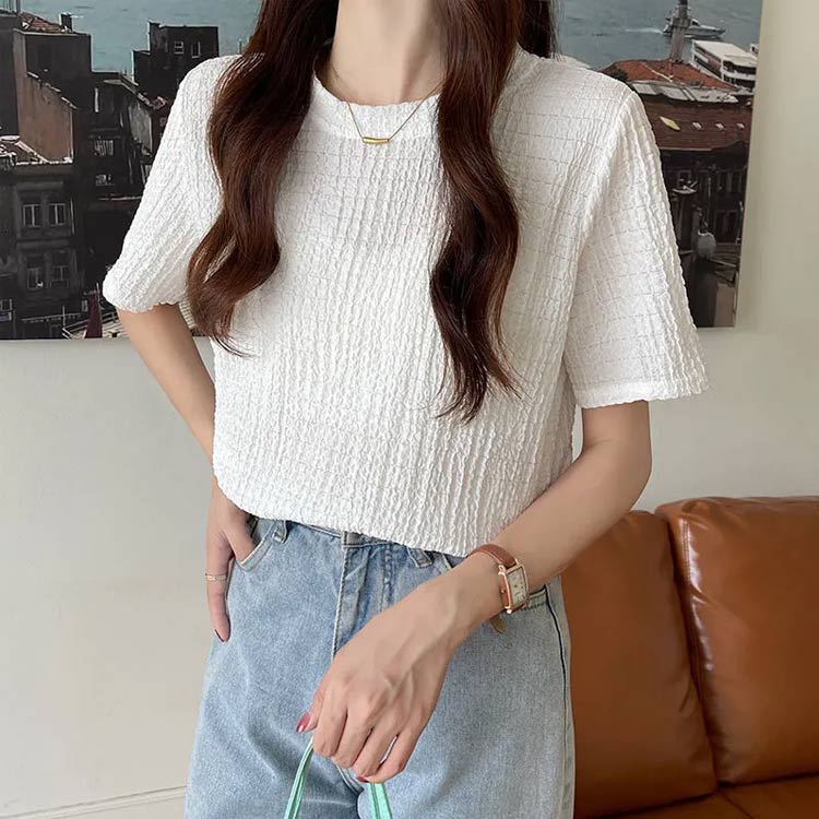 トップス レディース Tシャツ 半袖 ギャザー 可愛い エンボス 凸凹 レイヤード シボ加工 シャーリング 膨れ ショートスリーブ クロップド丈 トップス カットソー シンプル カジュアル フェミニン ティーシャツ