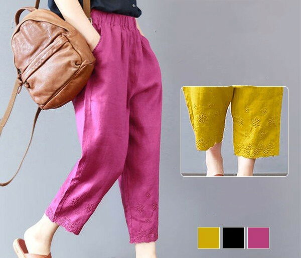 Linen, Hemp - 刺繍 サルエルパンツ リゾート 花 サルエルパンツ エキゾチック 綿麻 体型カバー ガウチョパンツ レディース 春
