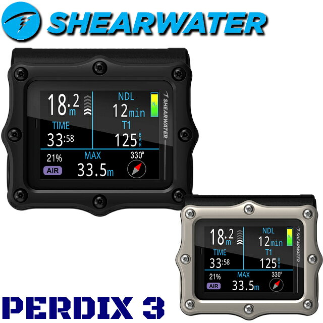 PERDIX 3 Perdix 3は、信頼性を追求して作られた頑丈なフルサイズのダイブコンピュータで、超高輝度2.4インチ / 6.1 cm AMOLEDディスプレイを搭載しています。 その堅牢なケーシング、精密設計のチタン製ベゼル、そして信頼性の高いチタン製ピエゾタッチボタンが、内部の強化された電子機器を保護します。 鮮やかなフルカラーディスプレイと豊富なカスタマイズオプションを備えたPerdix 3は、あらゆるダイバーのニーズに適応するように作られています。 洗練されたユーザーインターフェースにより、メニューのナビゲーションがこれまで以上に直感的になり、信頼性の高い振動アラートシステムにより、ダイビングの重要な瞬間を見逃すことはありません。 最大4つのShearwaterトランスミッターとのエアーインテグレーションにより、初めてのダイブコンピュータから強力で高度なダイビングセットアップへと成長する余地を提供します。 ◇テクニカルダイビング対応・充実装備 ◇フルカラー、高解像度AMOLEDディスプレイ ◇エアーインテグレーション機能 ◇ユーザー交換可能な単三電池