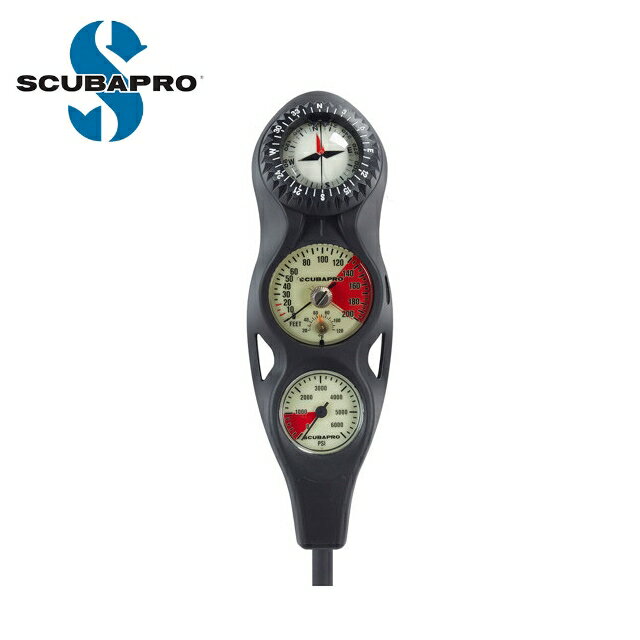 3-GAUGE IN-LINE CONSOLE (Plastic Compact PG, Std DG, FS-1.5) オーソドックスで使い勝手を重視した配置で、上部にコンパス、中央に水深計、根元に残圧計 の3ゲージ。 ■LS 1.5スタンダードコンパスを26度傾けてコンソールに設置し視認性重視。 ■壊れにくいオイル式ブルドン管水深計、0点調整、最大深度置針式、アナログ水温計付。 ■軽量化されたプラスティック残圧計を採用。