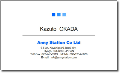 シンプルなデザインのカラー名刺です。 見本は英語表記となっていますが、もちろん日本語でも作成いたします。 ★印刷する文字の内容・大きさ・色・位置・書体・飾り・影の変更がで きます。 　ご希望がございましたらお気軽にご相談くださいませ。 ◆フォント（書体）の見本は、こちらをご覧ください。 和文フォント（日本語）　 欧文フォント（数字・アルファベット ）　　 ■■■ ご注文方法■■■　 ご購入時に備考欄に印刷項目をご記入いただいた方には、 そのままデザインを作成してイメージを送らせていただきます。 ご注文時に何も書かれていない場合は、 ご注文後こちらから印刷内容をお伺いするメールを送らせていただきます。 ★印刷する内容は変更できます 名刺の作成手順について　詳しくは こちらをご覧ください 　 ■■■ 名刺台紙について ■■■　 ■名刺のサイズは、91mm×51mmの一般的な名刺サイズです。 ■用紙は、マット紙。　色は、ホワイト・オフホワイトよりお選びいただけ ます 。 ■ホワイトの用紙のみ、普通厚（0.25mm）薄口 （0.22mm） よりお選びいただけます。 ■光沢紙（つやあり）もお選びいただけます。（商品代金が525円アップします。） ※ご指定のない場合は、マット紙・ ホワイト・厚口で作 成いたします。 　 ■■■ 配送方法について■■■　 ※無料の配送方法は、クロネコメール便（ポスト投函）です。 到着までに、発送日より2日から4日かかります。 お急ぎの方は、メール便【速達】か、レターパック500、ゆうパックをお選びくださいませ。 ■メール便【速達】（ポスト投函） 全国一律100円です。 ■レターパック500（旧エクスパック500） 全国一律500円です。（手渡し・日時指定は×） ■ゆうパック（手渡し・日時指定 OK） ゆうパックにつきましては、お届の地域によって金額が変わります。 詳しくはこちらのゆうパックの欄をご覧 くださいませ。 ★クロネコメール便についてのご注意★ クロネコメール便は、損害賠償制度がありませんので、 万が一破損・紛失等があった場合でも、 賠償制度の対象となりませんのでご注意くださいませ。 お届けは、【クロネコヤマトの荷物お問い合わせシステム】にて 【投函完了】となった時点で完了とさせていただきます。 万が一、商品が届かない等のトラブルが発生した場合でも、 当店では責任を負えませんのでご了承くださいませ。 もしもご心配な場合は、宅配便での配送をお選びくださいませ。 　 ■■■ 代金引換（代引き）でのお支払について■■■　 代金引換は、手数料が370円 と、別途送料がかかります。 代引きの場合は、メール便・レターパックでの発送はできません。 発送方法は、ゆうパックか普通郵便代引きになります。 ■ゆうパック（日時指定 OK） ゆうパックにつきましては、お届の地域によって金額が変わります。 詳しくはこちらのゆうパックの欄をご覧 くださいませ。 ■普通郵便代引き お急ぎでない場合は、こちらの方がお得です。 枚数によって金額が変わります。 ご注文の際「自社配送」をお選びいただきますと、後ほど金額をお知らせいたします。