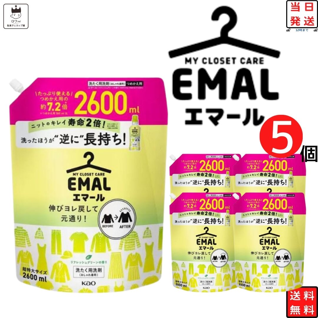 楽天ロワ　楽天市場店《母の日 プレゼント》花王 エマール 詰め替え つめかえ 2600ml 5袋セット 柔軟剤 特大サイズ 詰替 洗濯洗剤 おしゃれ着 洗たく用洗剤 業務用 送料無料 2.6kg 買い置き ストック 常備 リフレッシュグリーンの香り 伸び ヨレ 戻し 毛玉 縮みを防ぐ シワ 色あせ 予防