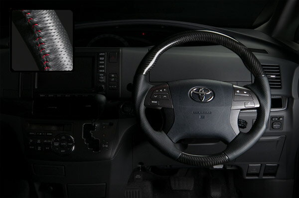 REAL ガングリップステアリング プラチナブラックカーボン レッドステッチ 50系エスティマ・20系エスティマハイブリッド260系アリオン・プレミオ