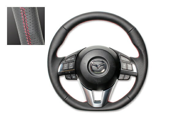 REAL ガングリップステアリング オールレザー レッド×ブラックユーロステッチ CX-5（KE）・CX-3前期（DK）・アクセラ前期（BM/BY）・デミオ前期（DJ）