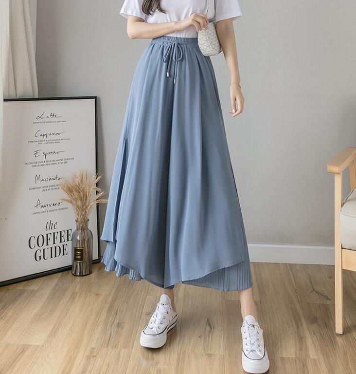 送料無料 グロッシープリーツ 裾メロープリーツワイドパンツ 細く見える 細身 セルフカット リブフレアパンツ レディース ゆったり 綺麗【Anytime】
