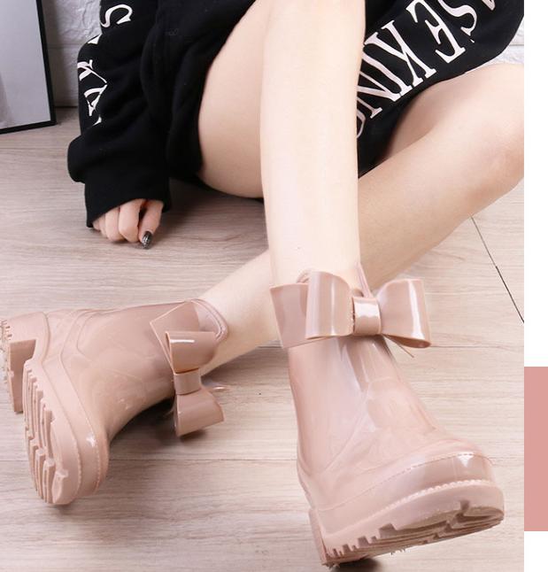 レインブーツ レディース ショートブーツ　リボン付き レインシューズ レディース 雨靴 ショート　大きいサイズ 完全防水 履きやすい 滑りにくい レインショートブーツ レイン　梅雨対策 【Anytime】